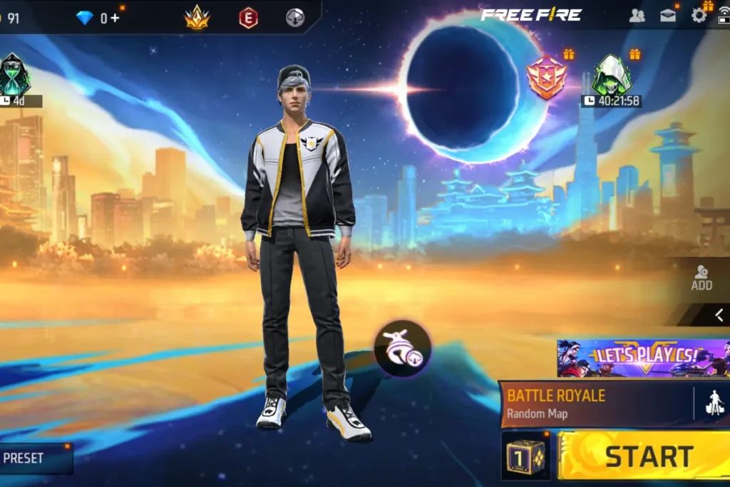 Free Fire home screen showing player character and game start option